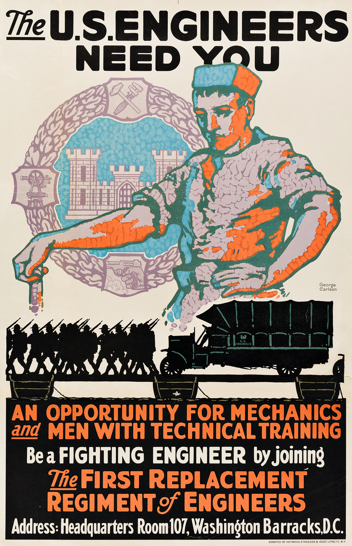 GEORGE CARLSON (DATES UNKNOWN). THE U.S. ENGINEERS NEED YOU. 1917. 28x18 inches, 73x47 cm. Heywood, Strasser & Voigt, New York.